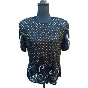 Papell Boutique Evening XL Black Silk Beaded Sequin Blouse Evening Formal Top